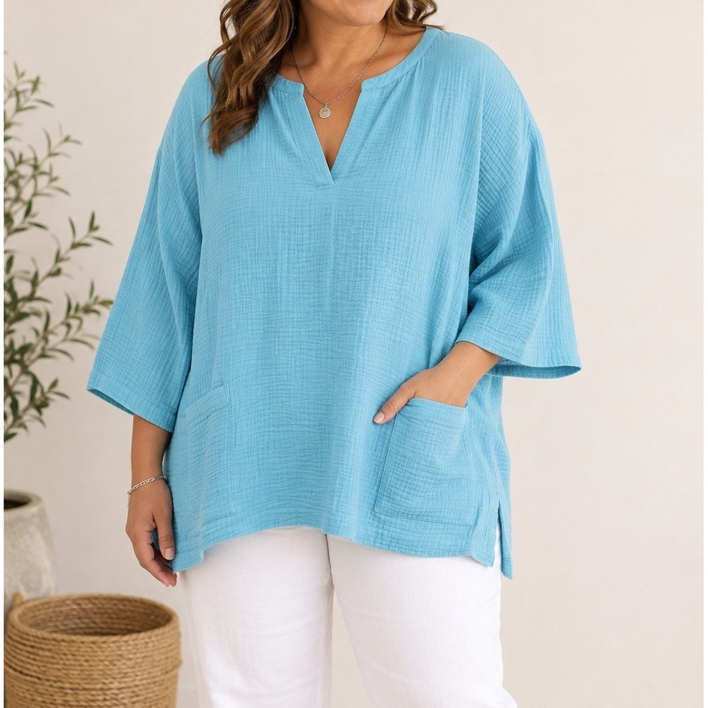 Soft Surroundings Araza Gauze Shirt 2X Blue Cotton Oversized Tunic Top NWT
